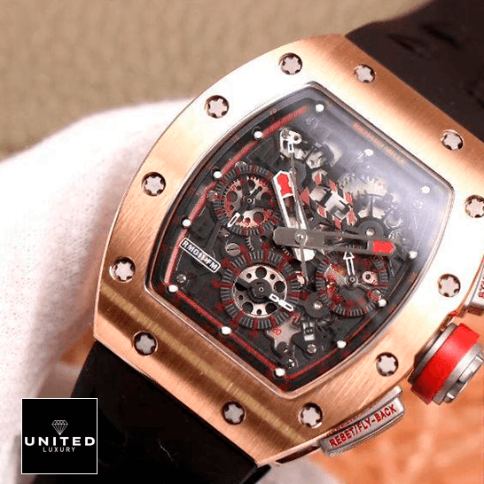 Richard Mille Red Replica 1 Richard Mille RM011 Gold Rose Bezel Black Bracelet Replica front view