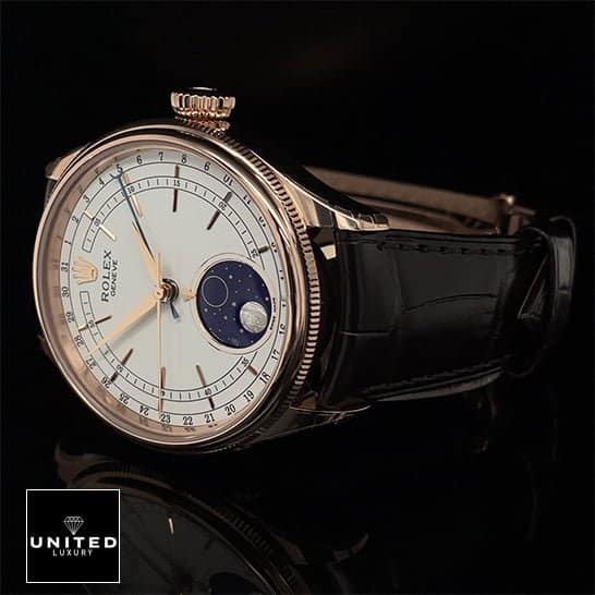 Rolex Gold Cellini Replica 2 Rolex Cellini Moonphase Black Leather Bracelet 50535-0002 Replica