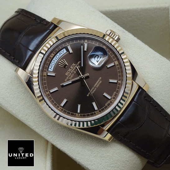 Rolex Day-Date 118135 V5 Brown Dial Replica 8 Rolex Day-Date 118139 Chocolate Dial Brown Leather Bracelet Replica