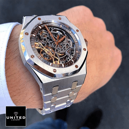 AP Openworked Replica 3 Audemars Piguet Stainless Steel Case and Bracelet Skeleton Dial Replica on the wrist