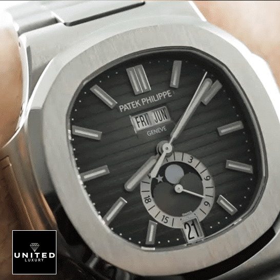 Patek Philippe Nautilus Black Dial Replica 5 Patek Philippe Nautilus Geneve Grey Dial Steel Bracelet Replica front view