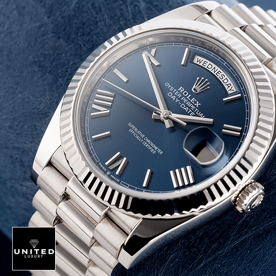 Day-Date 228239 Replica 2 Rolex Day-Date 40 228239 Fluted Bezel Replica Blue Backround