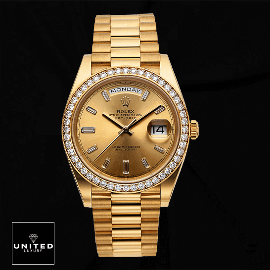 Rolex Day-Date 228348RBR KW Yellow Gold & Diamonds Champagne Dial Replica 2 Rolex Day-Date 228348RBR Gem-Set Bezel Replica