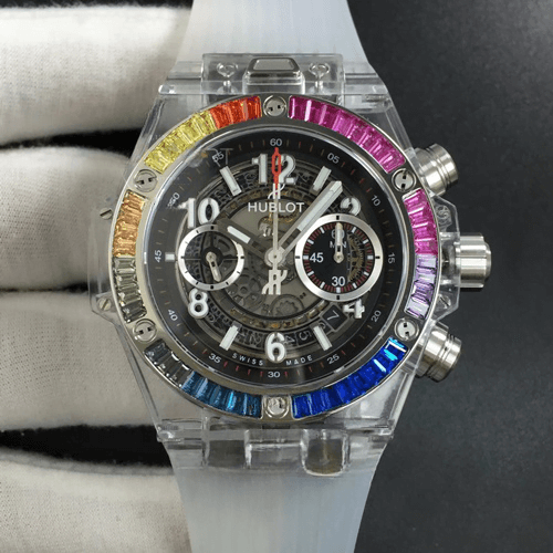Hublot Rainbow Black Replica 2 Hublot Big Bang Unico Magic Rainbox Bezel White Rubber Bracelet Replica on the hand