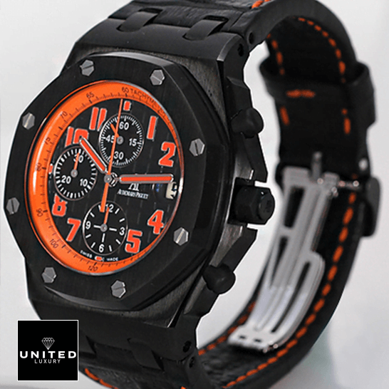 AP Volcano Replica 5 Audemars Piguet Orange Black Dial Black Bezel Replica side view white background