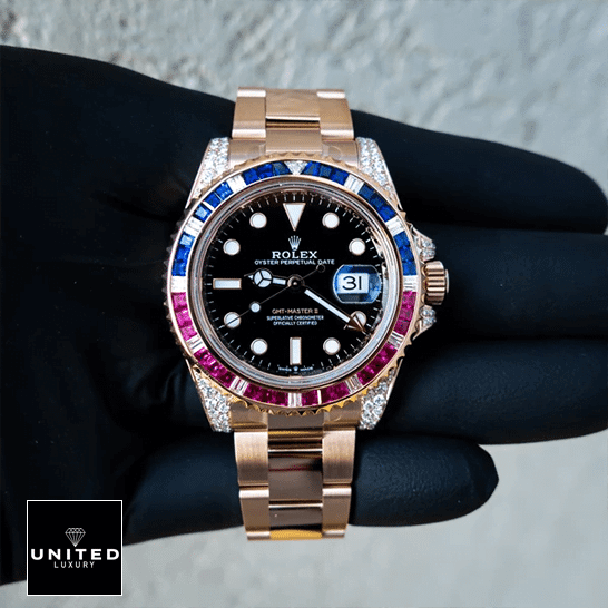 Rolex GMT-Master II 126755SARU Diamond Bezel Black Dial Replica 6 Rolex GMT-Master II 126755SARU Replica rose gold color and a gem bezel in red and blue