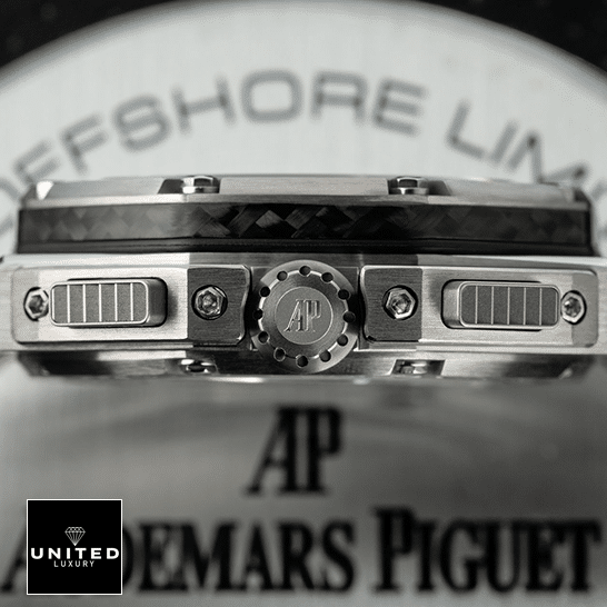 Royal Oak White Dial Replica 5 Audemars Piguet 26030IO.OO_.D001IN.01 Replica side view crown / push button