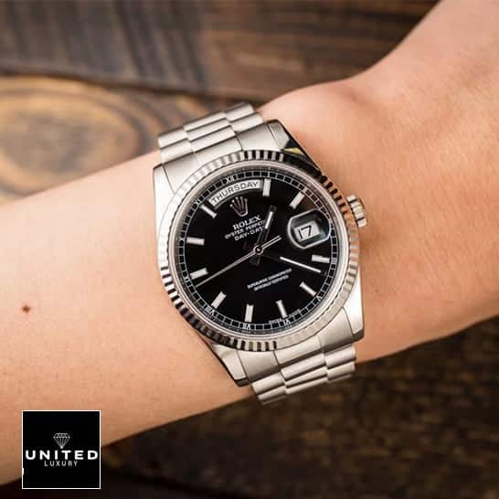 Rolex Day-Date Fluted Replica 5 Rolex Day-Date 118239 Stainless Steel bracelet Replica on his arm