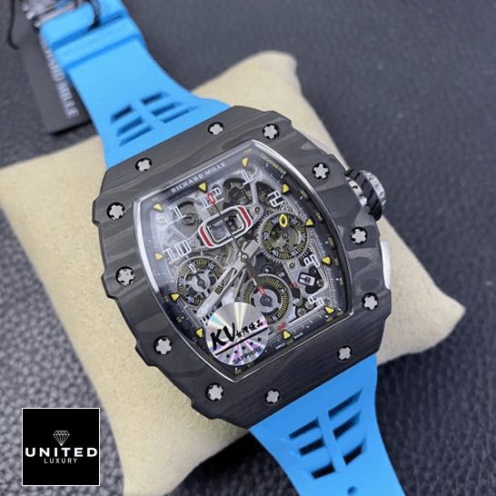 Richard Mille Flyback Chronograph RM011-03 Replica 1 Richard Mille RM01103 Blue Rubber Bracelet Black Dial Replica on the stand