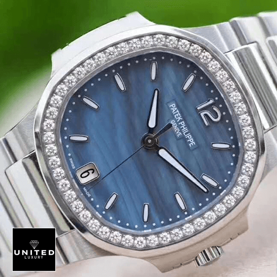 Patek Philippe Nautilus Ladies 7018/1A Replica 5 Patek Philippe Blue Dial Stainless Steel Diamond Bezel Replica front view