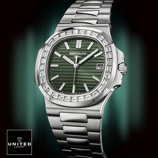 Patek Philippe Diamond Bezel Replica 5 Patek Philippe 5711-1A-014 Green Dial Diamond Replica green background