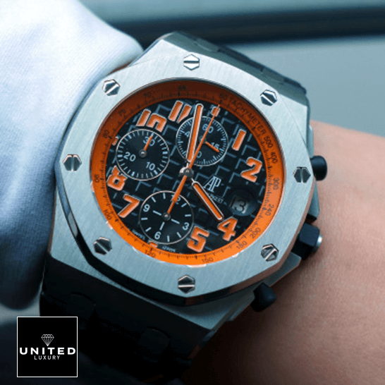 Lava Watches Replica 2 Audemars Piguet Orange Black Dial Steel Bezel Replica on the wrist
