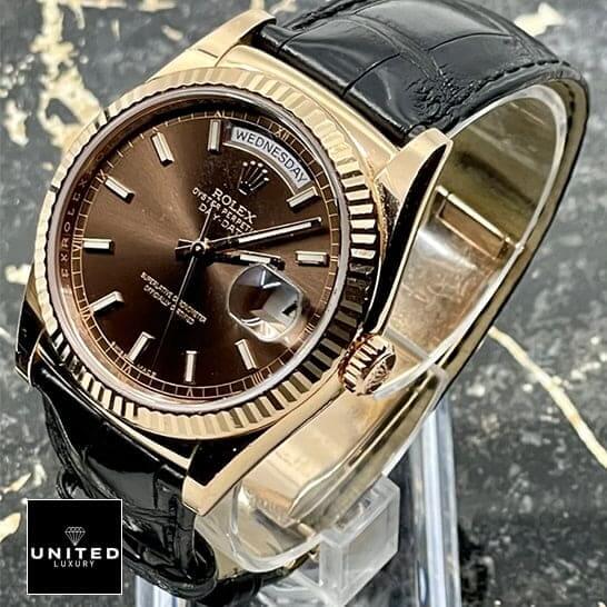Rolex Day-Date Black Leather Replica 2 Rolex Day Date 118139 Black Leather Brown Dial